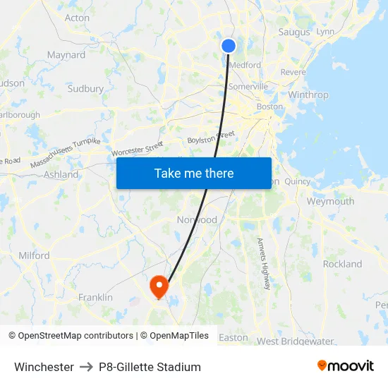 Winchester to P8-Gillette Stadium map