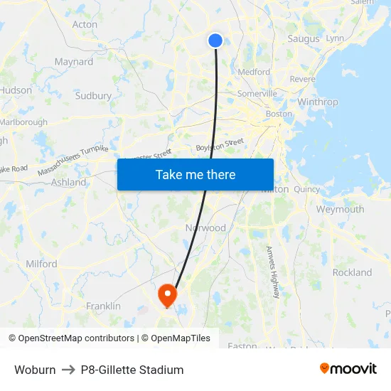 Woburn to P8-Gillette Stadium map