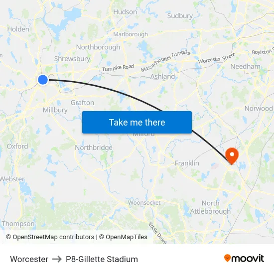 Worcester to P8-Gillette Stadium map