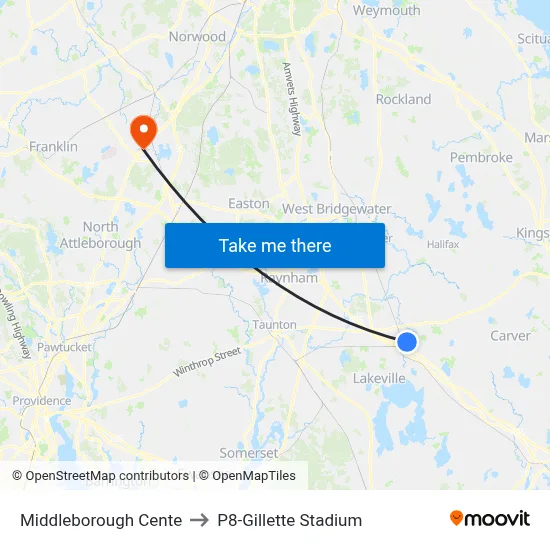 Middleborough Cente to P8-Gillette Stadium map