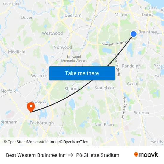 Best Western Braintree Inn to P8-Gillette Stadium map
