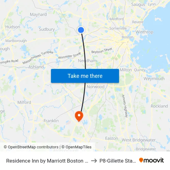Residence Inn by Marriott Boston Waltham to P8-Gillette Stadium map