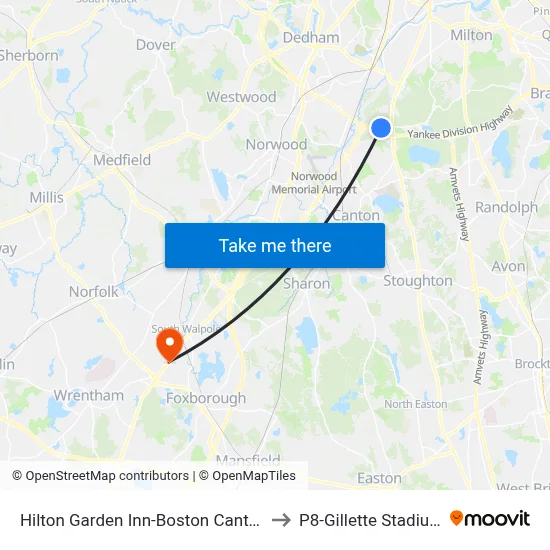 Hilton Garden Inn-Boston Canton to P8-Gillette Stadium map