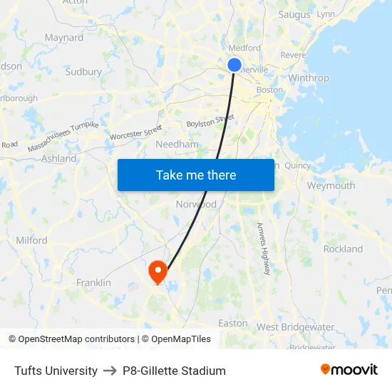 Tufts University to P8-Gillette Stadium map