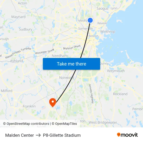 Malden Center to P8-Gillette Stadium map