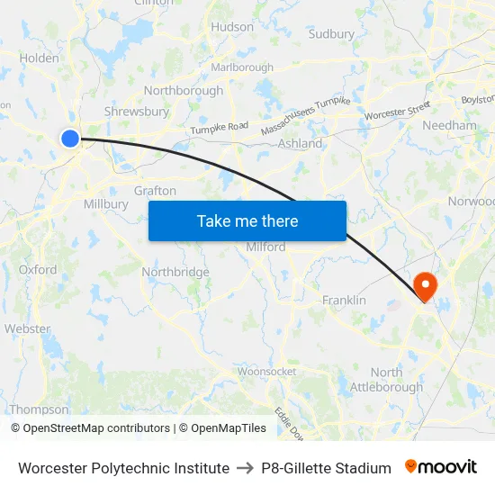 Worcester Polytechnic Institute to P8-Gillette Stadium map
