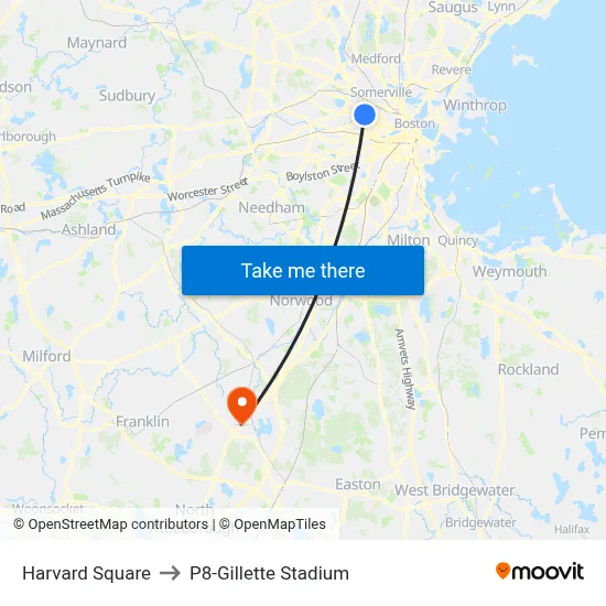 Harvard Square to P8-Gillette Stadium map