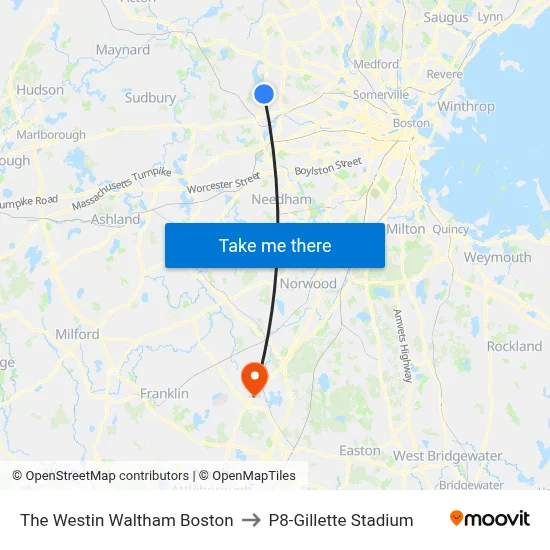 The Westin Waltham Boston to P8-Gillette Stadium map