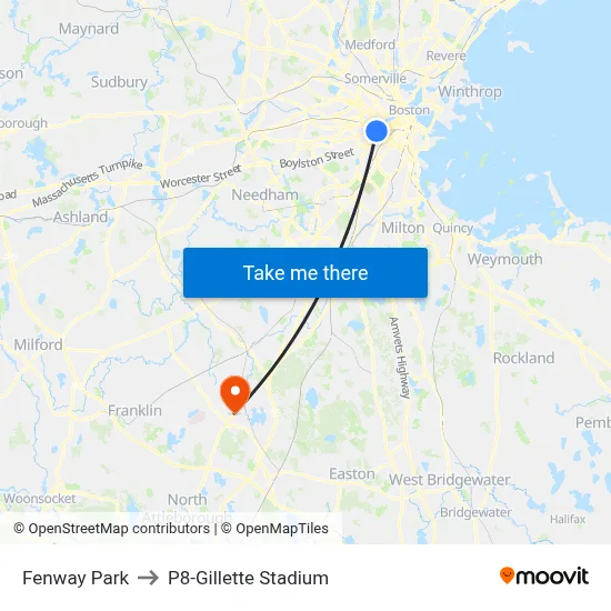 Fenway Park to P8-Gillette Stadium map
