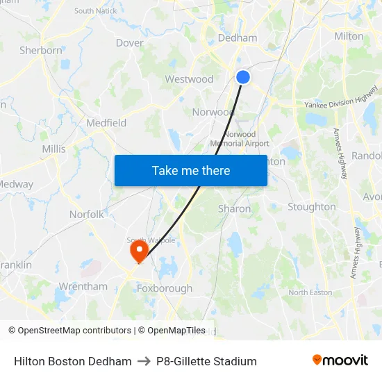 Hilton Boston Dedham to P8-Gillette Stadium map