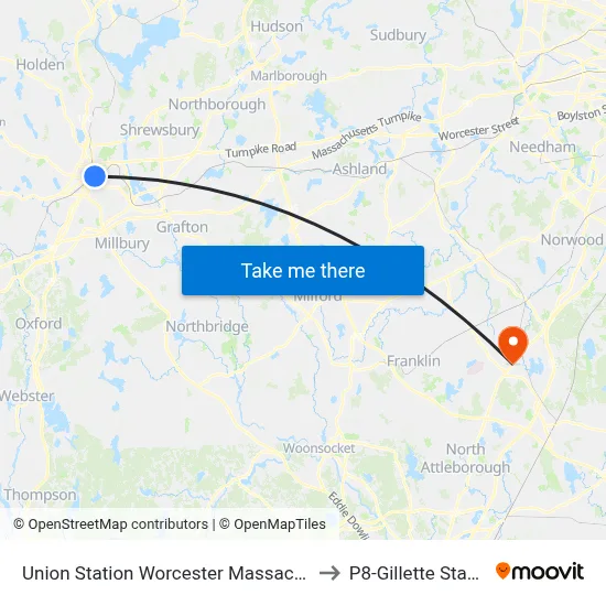 Union Station Worcester Massachusetts to P8-Gillette Stadium map