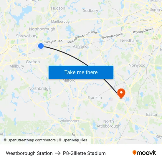 Westborough Station to P8-Gillette Stadium map