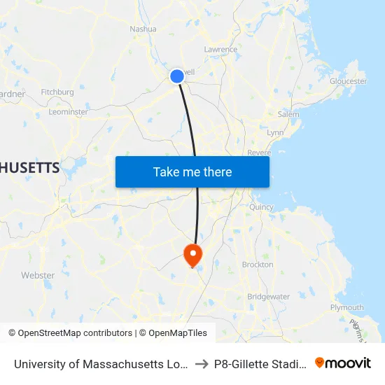 University of Massachusetts Lowell to P8-Gillette Stadium map