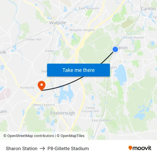 Sharon Station to P8-Gillette Stadium map