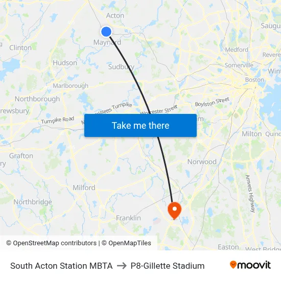 South Acton Station MBTA to P8-Gillette Stadium map