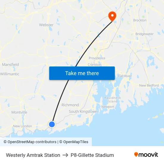 Westerly Amtrak Station to P8-Gillette Stadium map