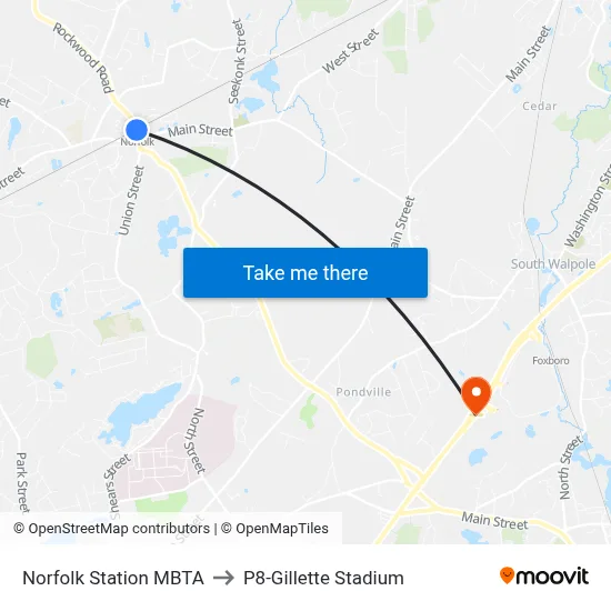 Norfolk Station MBTA to P8-Gillette Stadium map
