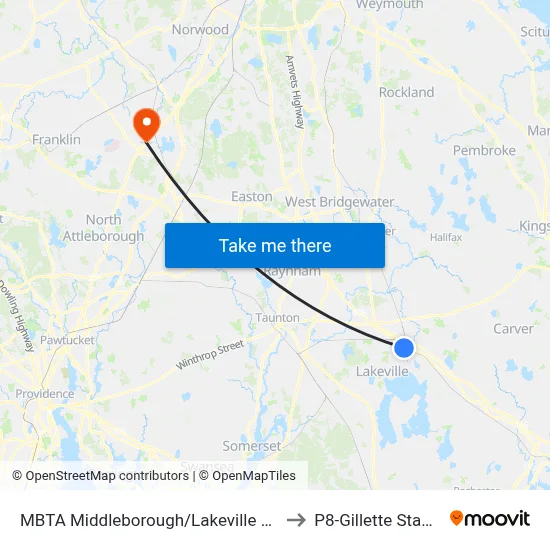 MBTA Middleborough/Lakeville Station to P8-Gillette Stadium map