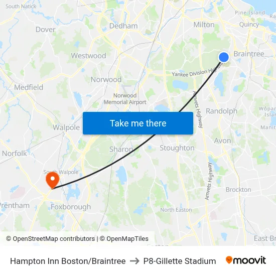 Hampton Inn Boston/Braintree to P8-Gillette Stadium map