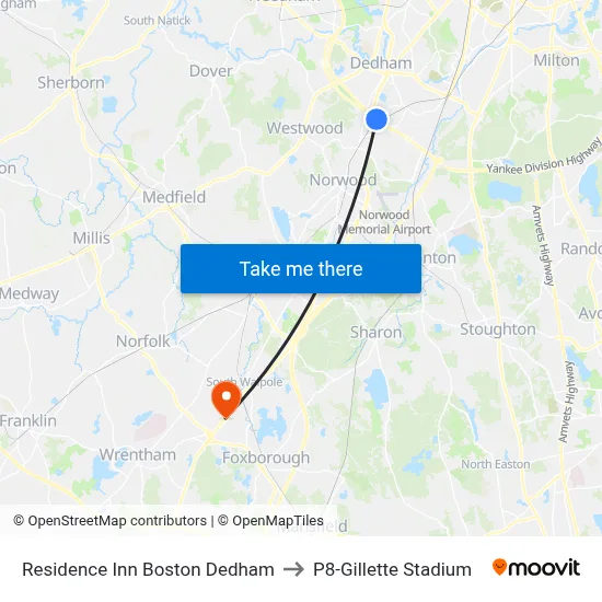 Residence Inn Boston Dedham to P8-Gillette Stadium map