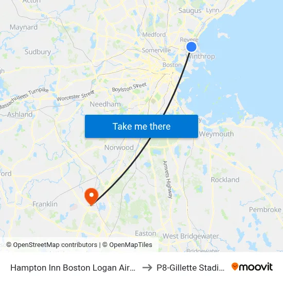Hampton Inn Boston Logan Airport to P8-Gillette Stadium map