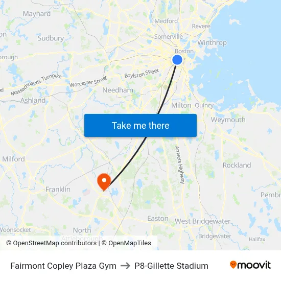Fairmont Copley Plaza Gym to P8-Gillette Stadium map