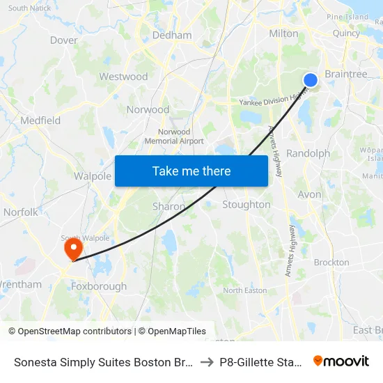 Sonesta Simply Suites Boston Braintree to P8-Gillette Stadium map