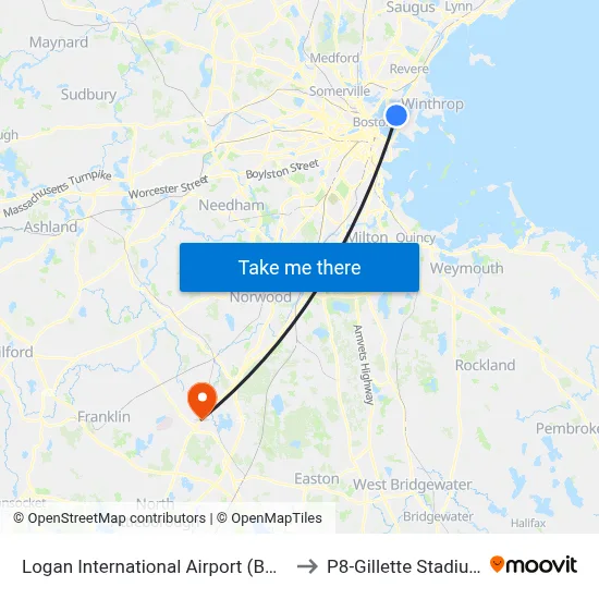 Logan International Airport (BOS) to P8-Gillette Stadium map