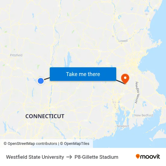 Westfield State University to P8-Gillette Stadium map