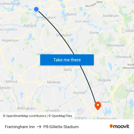 Framingham Inn to P8-Gillette Stadium map