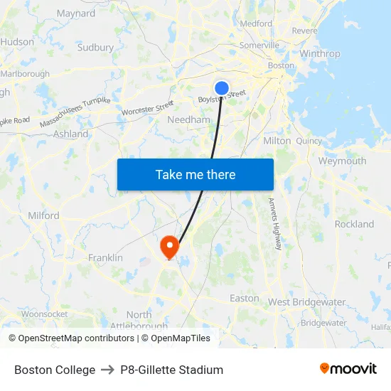 Boston College to P8-Gillette Stadium map