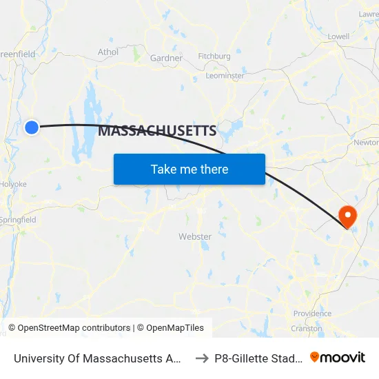 University Of Massachusetts Amherst to P8-Gillette Stadium map