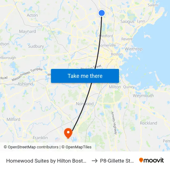 Homewood Suites by Hilton Boston Woburn to P8-Gillette Stadium map