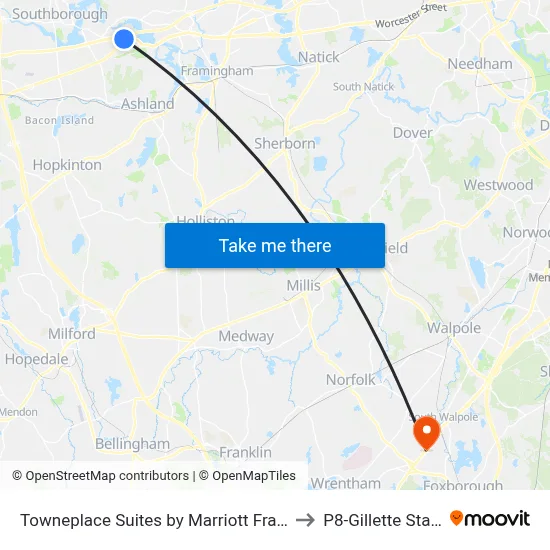 Towneplace Suites by Marriott Framingham to P8-Gillette Stadium map