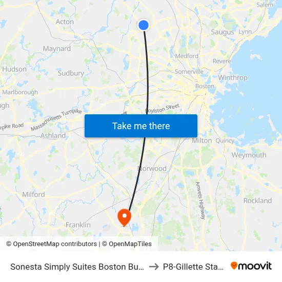 Sonesta Simply Suites Boston Burlington to P8-Gillette Stadium map