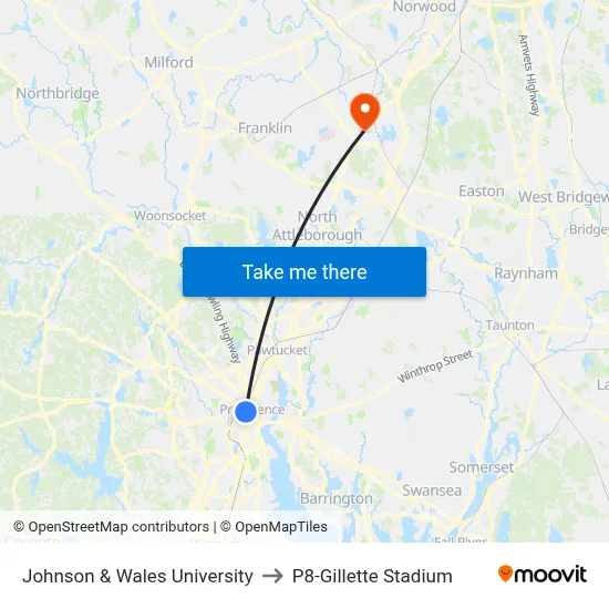 Johnson & Wales University to P8-Gillette Stadium map