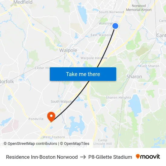 Residence Inn-Boston Norwood to P8-Gillette Stadium map