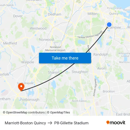 Marriott-Boston Quincy to P8-Gillette Stadium map