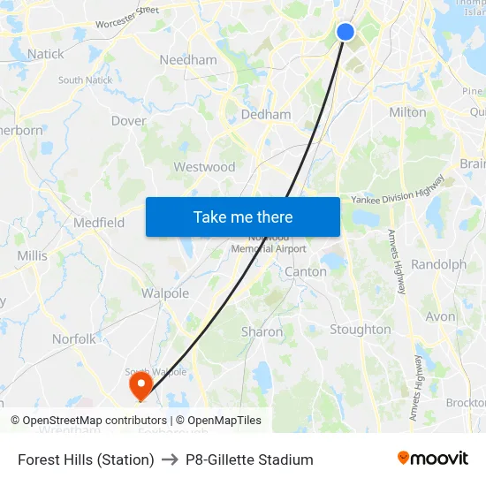 Forest Hills (Station) to P8-Gillette Stadium map