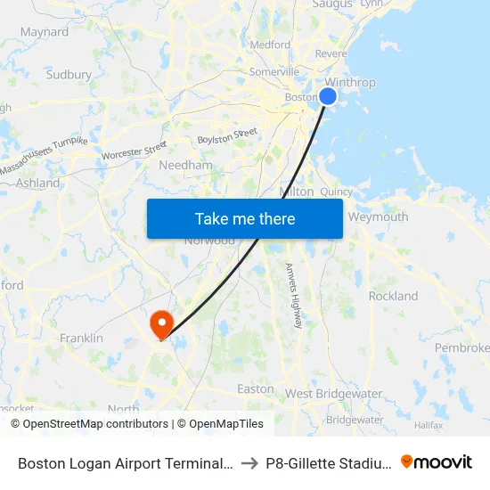 Boston Logan Airport Terminal C to P8-Gillette Stadium map