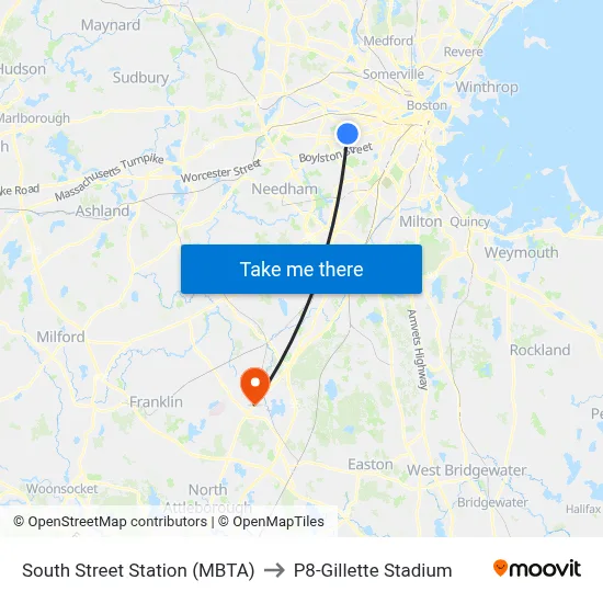 South Street Station (MBTA) to P8-Gillette Stadium map