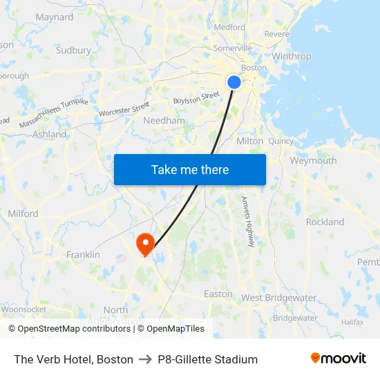The Verb Hotel, Boston to P8-Gillette Stadium map