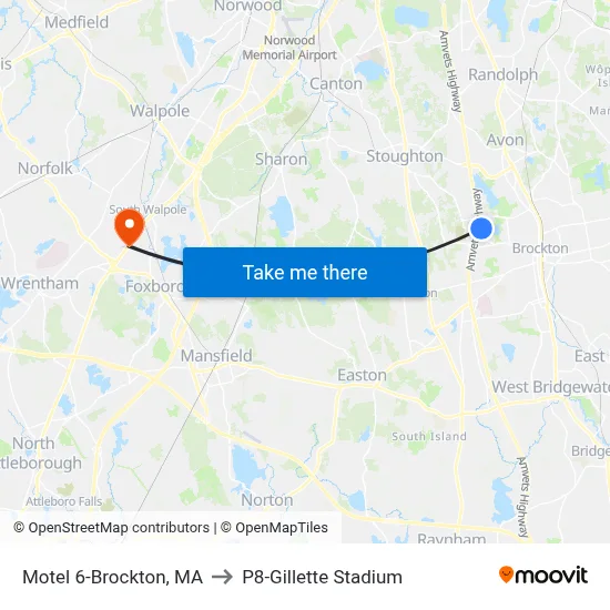 Motel 6-Brockton, MA to P8-Gillette Stadium map