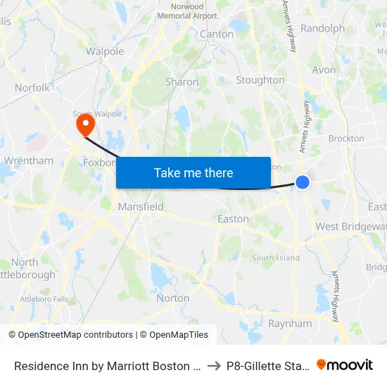 Residence Inn by Marriott Boston Brockton to P8-Gillette Stadium map