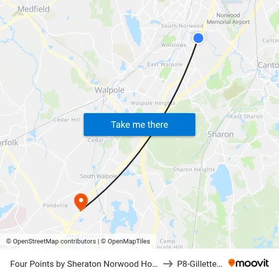 Four Points by Sheraton Norwood Hotel & Conference Center to P8-Gillette Stadium map