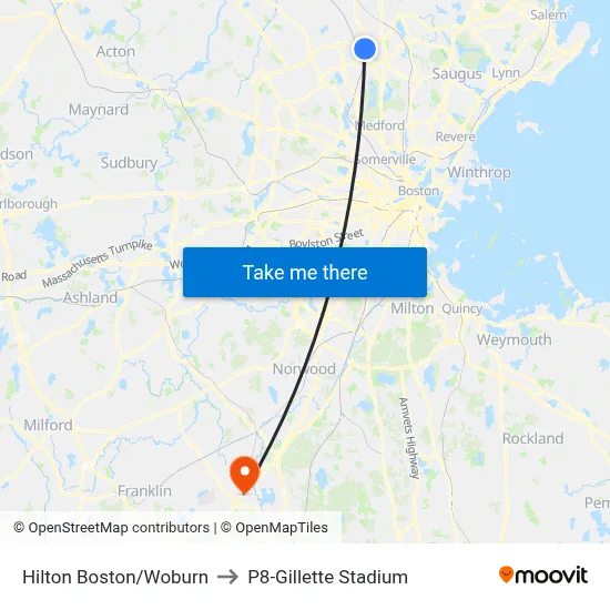Hilton Boston/Woburn to P8-Gillette Stadium map