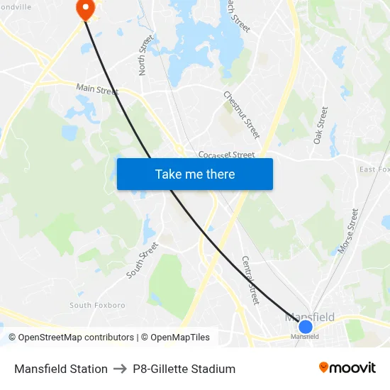 Mansfield Station to P8-Gillette Stadium map