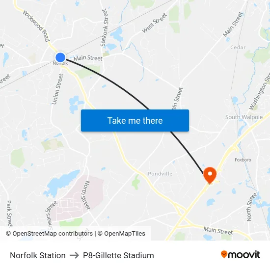 Norfolk Station to P8-Gillette Stadium map