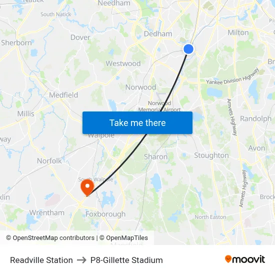 Readville Station to P8-Gillette Stadium map