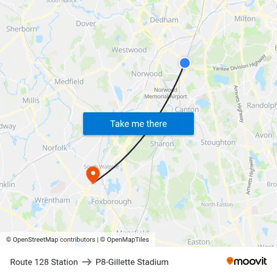 Route 128 Station to P8-Gillette Stadium map